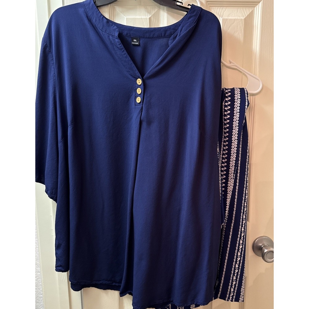 SheIn Women Plus 5XL Navy Blue Blouse and Printed Pants 2 Piece Set